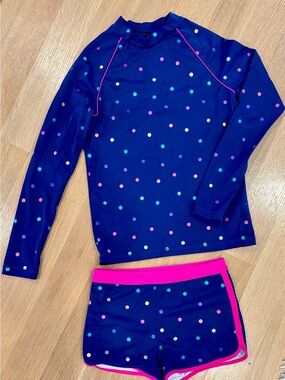 Mini Boden Navy Polka Dot Long-Sleeve Rashguard Set with Pink Trim